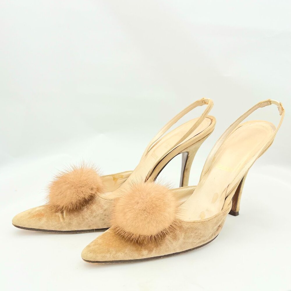 Christian Dior Taupe Suede Slingback Heels w/ Pom Poms – Size 38 EUR
